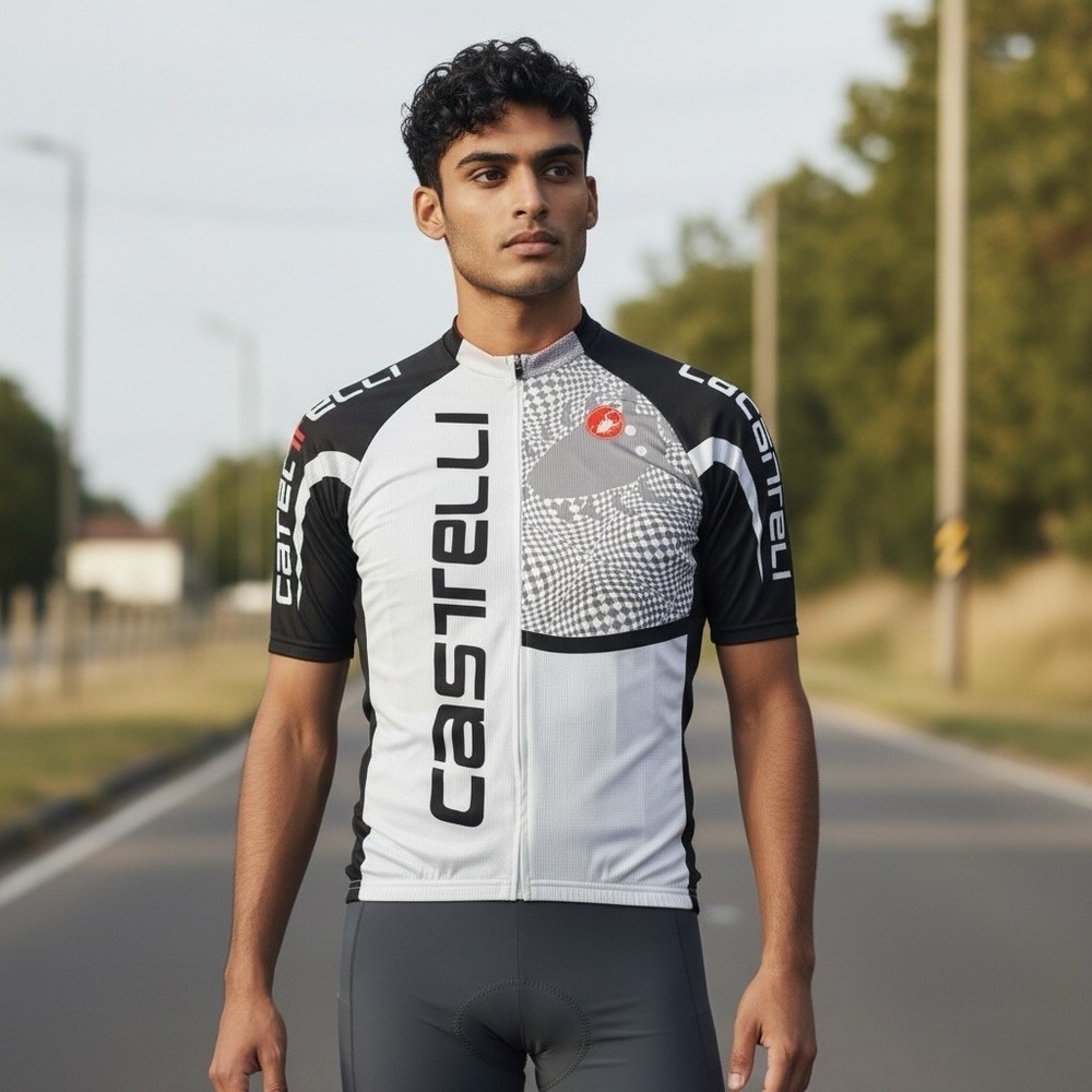 Castelli Punnto Mens Cycing Jersey White and Black Graphics Full Zip Size Medium
